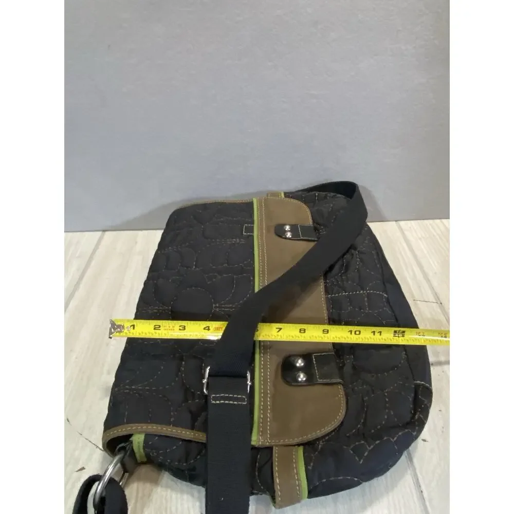Fossil KeyPer Black Green Floral Quilted Padded Laptop Messenger Bag Crossbody